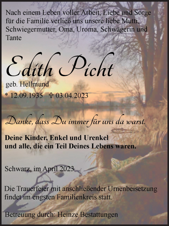 Traueranzeige von Edith Picht von Volksstimme Schönebeck
