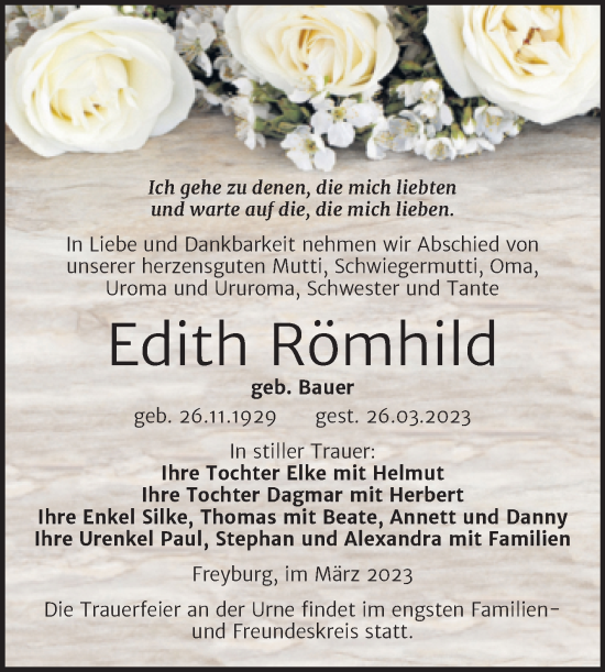 Traueranzeige von Edith Römhild von Wochenspiegel Naumburg/Nebra