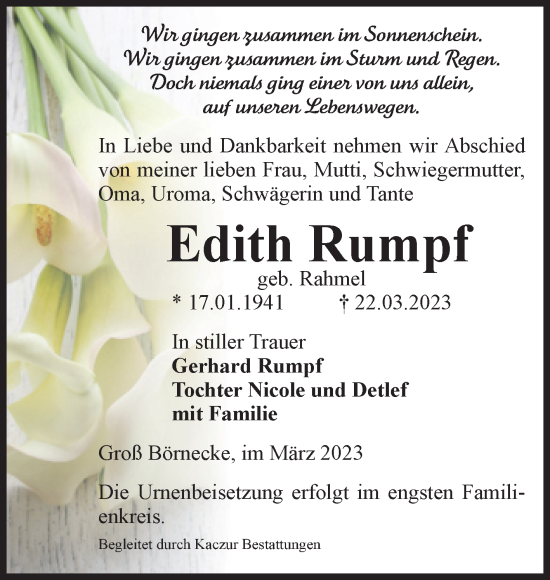 Traueranzeige von Edith Rumpf von Volksstimme Staßfurt