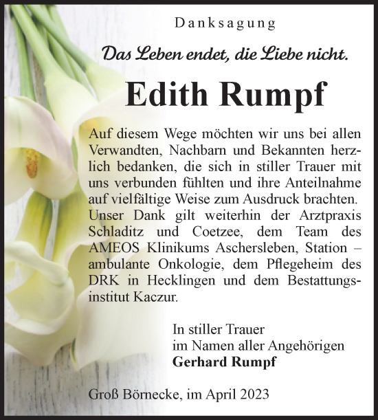 Traueranzeige von Edith Rumpf von Volksstimme Staßfurt