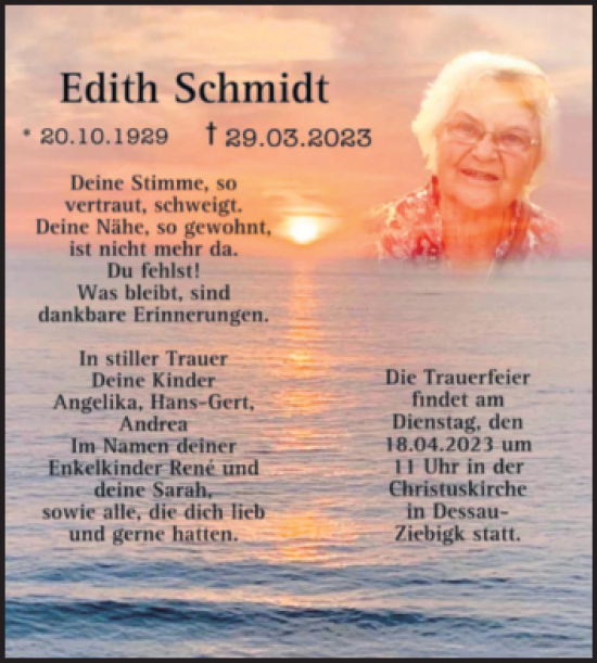 Traueranzeige von Edith Schmidt von Trauerkombi Dessau