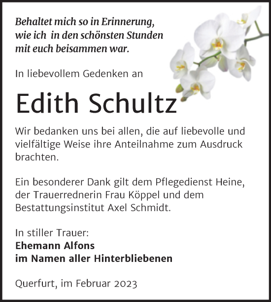 Traueranzeige von Edith Schultz von Trauerkombi Merseburg