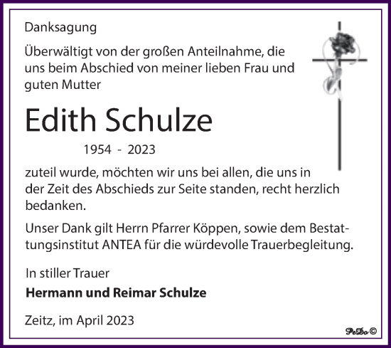 Traueranzeige von Edith Schulze von Trauerkombi Zeitz
