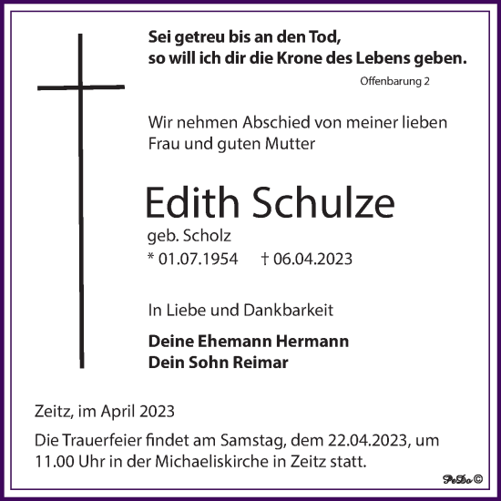 Traueranzeige von Edith Schulze von Trauerkombi Zeitz