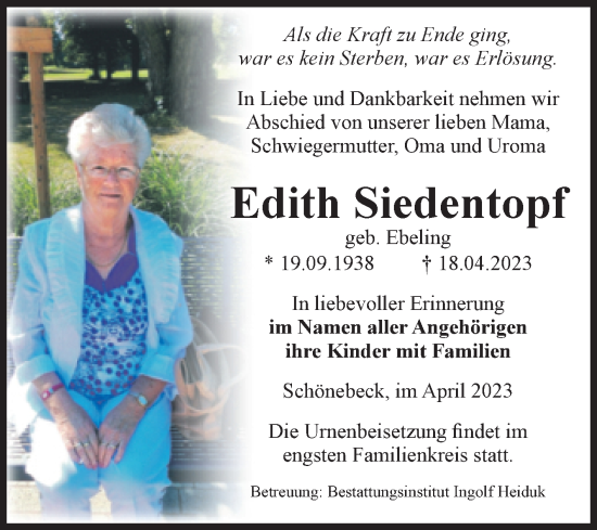 Traueranzeige von Edith Siedentopf von Volksstimme Schönebeck