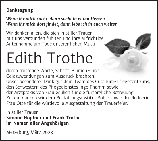 Traueranzeige von Edith Trothe von Trauerkombi Merseburg