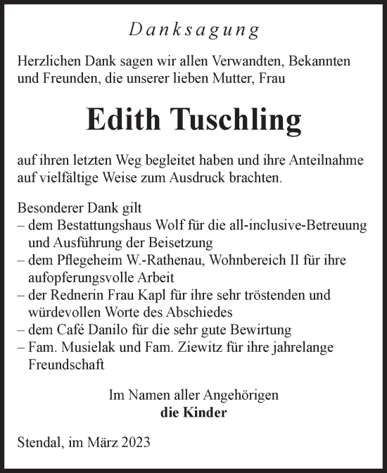 Traueranzeige von Edith Tuschling von Volksstimme Altmark Ost