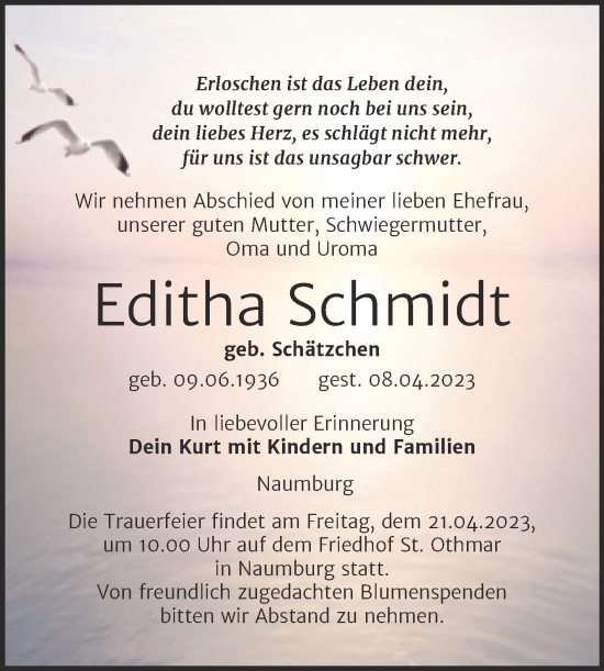 Traueranzeige von Editha Schmidt von Wochenspiegel Naumburg/Nebra