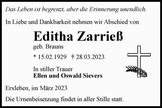 Traueranzeige von Editha Zarrieß von Volksstimme Haldensleben/Wolmirstedt