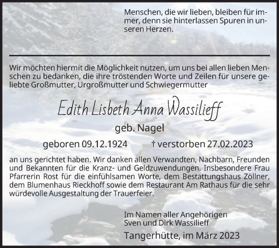 Traueranzeige von Edith Lisbeth Anna Wassilieff von Volksstimme Altmark Ost