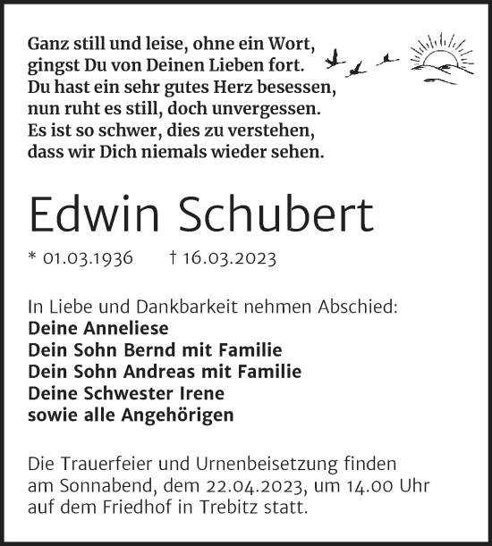 Traueranzeige von Edwin Schubert von Trauerkombi Wittenberg