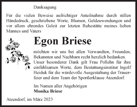 Traueranzeige von Egon Briese von Volksstimme Staßfurt