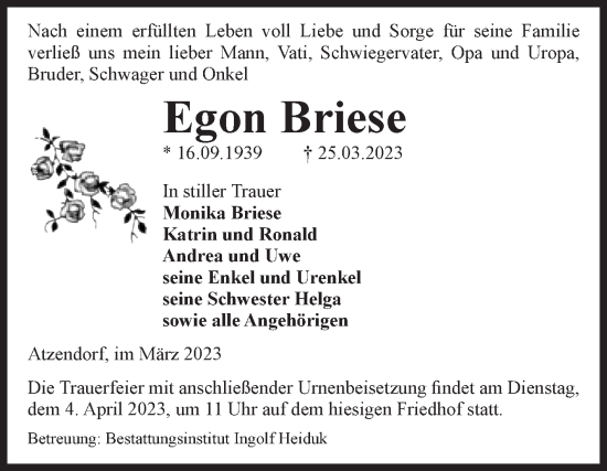 Traueranzeige von Egon Briese von Volksstimme Staßfurt