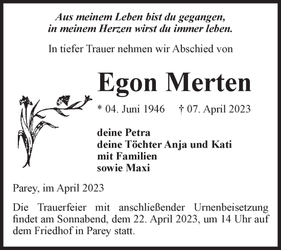 Traueranzeige von Egon Merten von Volksstimme Burg/Genthin