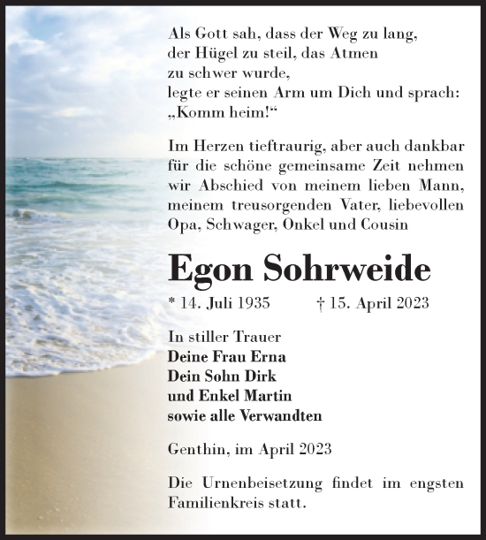 Traueranzeige von Egon Sohrweide von Volksstimme Burg/Genthin