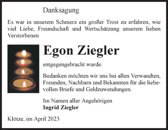 Traueranzeige von Egon Ziegler von Volksstimme Altmark West