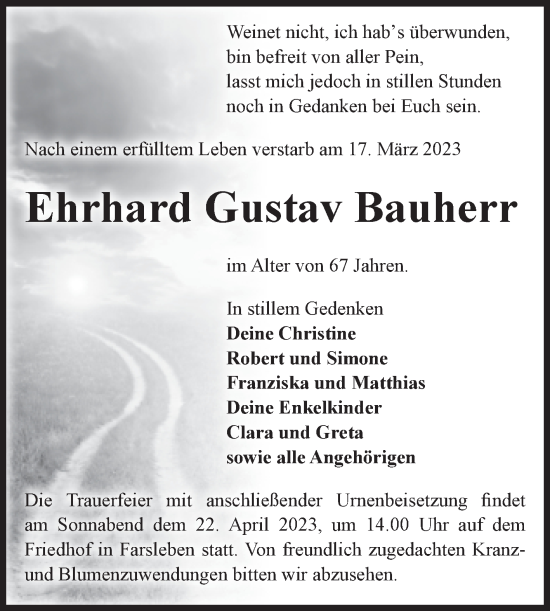 Traueranzeige von Ehrhard Gustav Bauherr von Volksstimme Haldensleben/Wolmirstedt