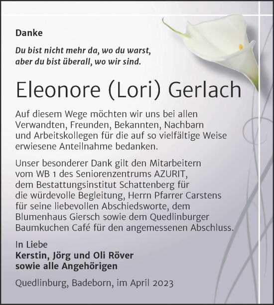 Traueranzeige von Eleonore Gerlach von Trauerkombi Quedlinburg