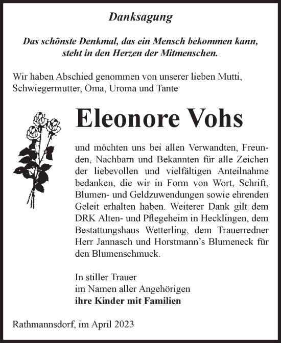 Traueranzeige von Eleonore Vohs von Volksstimme Staßfurt