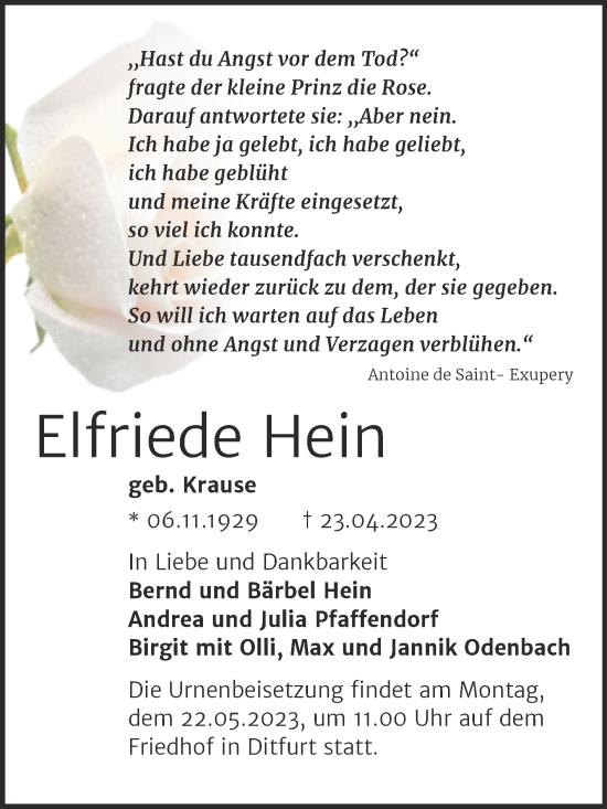 Traueranzeige von Elfriede Hein von Trauerkombi Quedlinburg