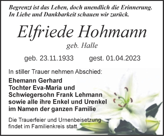 Traueranzeige von Elfriede Hohmann von Mitteldeutsche Zeitung Halle/Saalkreis