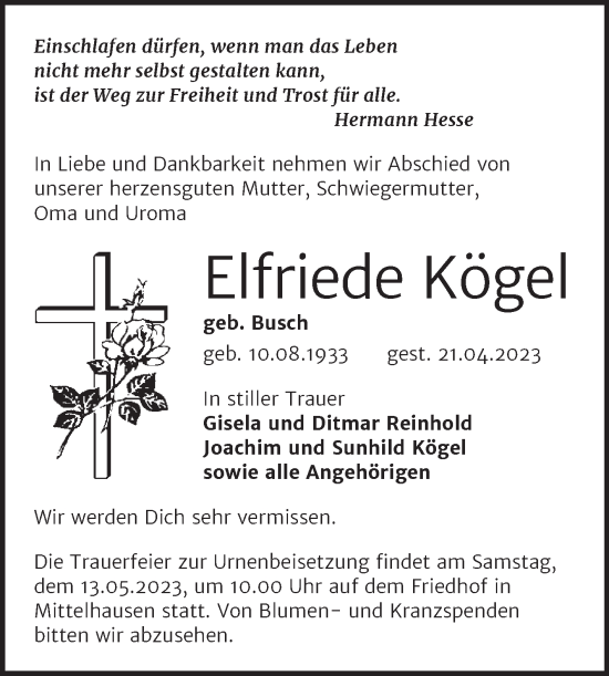 Traueranzeige von Elfriede Kögel von Trauerkombi Sangerhausen