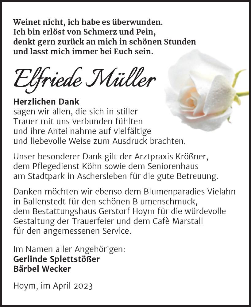  Traueranzeige für Elfriede Müller vom 15.04.2023 aus Trauerkombi Aschersleben