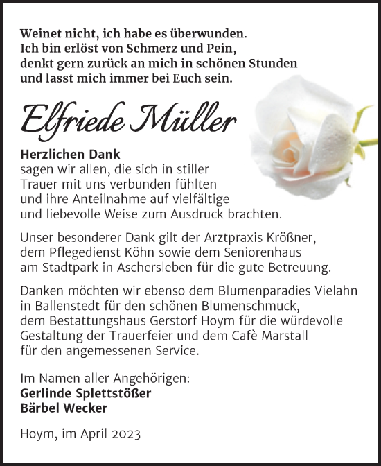Traueranzeige von Elfriede Müller von Trauerkombi Aschersleben