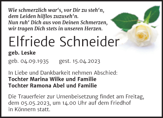 Traueranzeige von Elfriede Schneider von Trauerkombi Bernburg