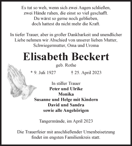 Traueranzeige von Elisabeth Beckert von Volksstimme Altmark Ost
