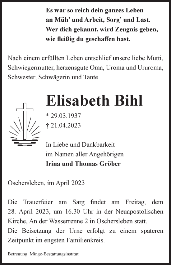 Traueranzeige von Elisabeth Bihl von Volksstimme Oschersleben/Wanzleben