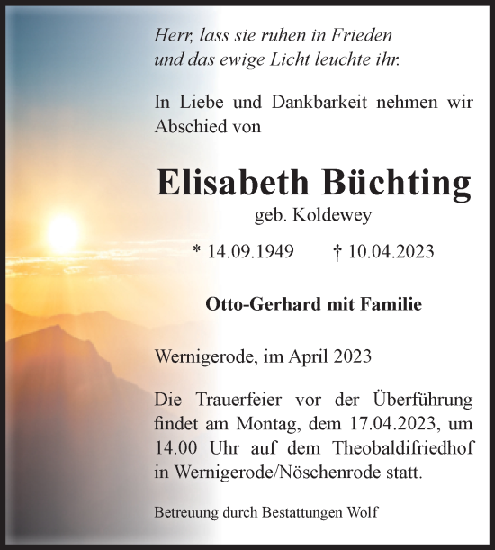 Traueranzeige von Elisabeth Büchting von Volksstimme Wernigerode