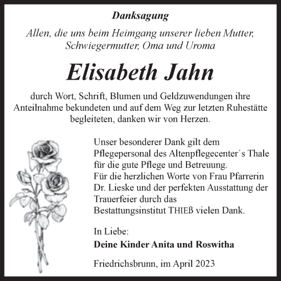 Traueranzeige von Elisabeth Jahn von Trauerkombi Quedlinburg
