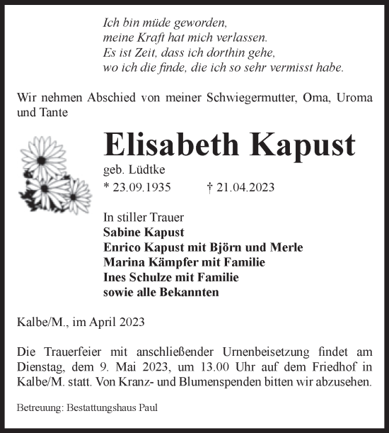 Traueranzeige von Elisabeth Kapust von Volksstimme Altmark West