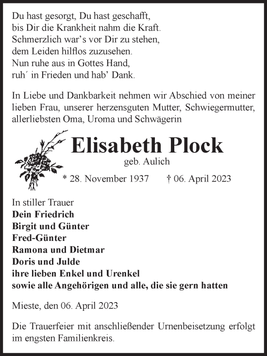 Traueranzeige von Elisabeth Plock von Volksstimme Altmark West