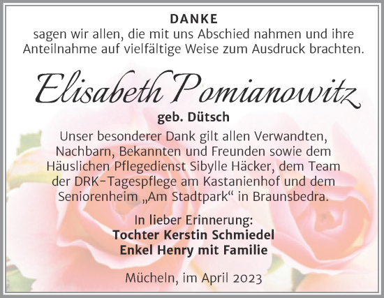 Traueranzeige von Elisabeth Pomianowitz von Trauerkombi Merseburg