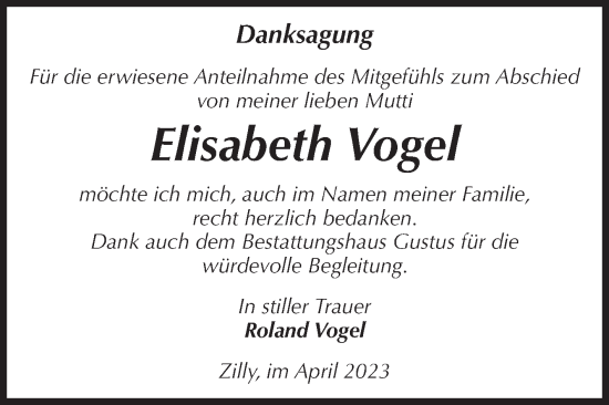Traueranzeige von Elisabeth Vogel von Volksstimme Halberstadt