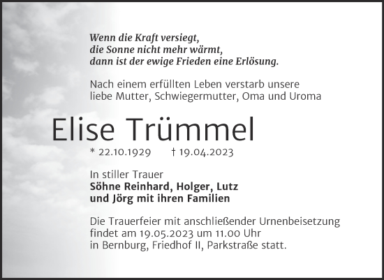 Traueranzeige von Elise Trümmel von Trauerkombi Bernburg