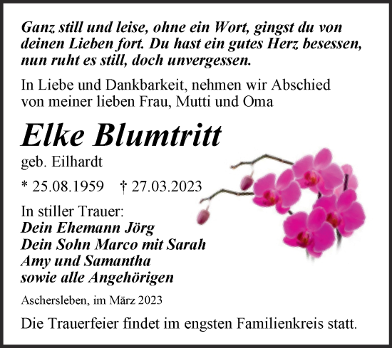 Traueranzeige von Elke Blumtritt von Trauerkombi Aschersleben