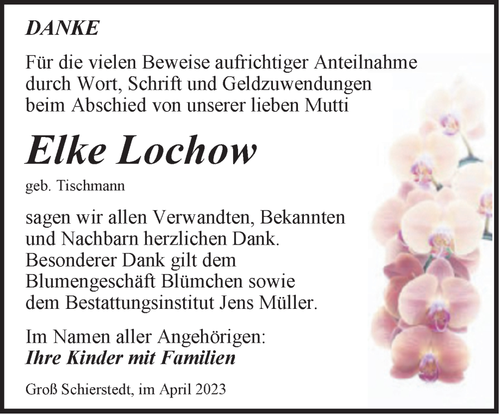  Traueranzeige für Elke Lochow vom 22.04.2023 aus Trauerkombi Aschersleben