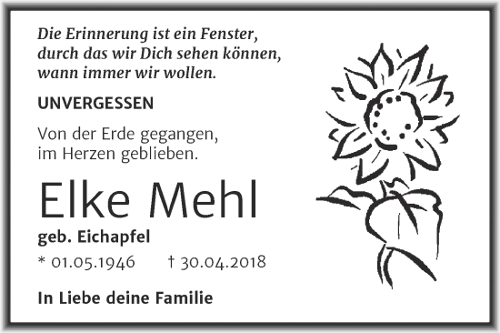 Traueranzeige von Elke Mehl von Mitteldeutsche Zeitung Halle/Saalkreis