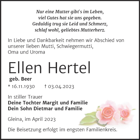 Traueranzeige von Ellen Hertel von Trauerkombi Zeitz