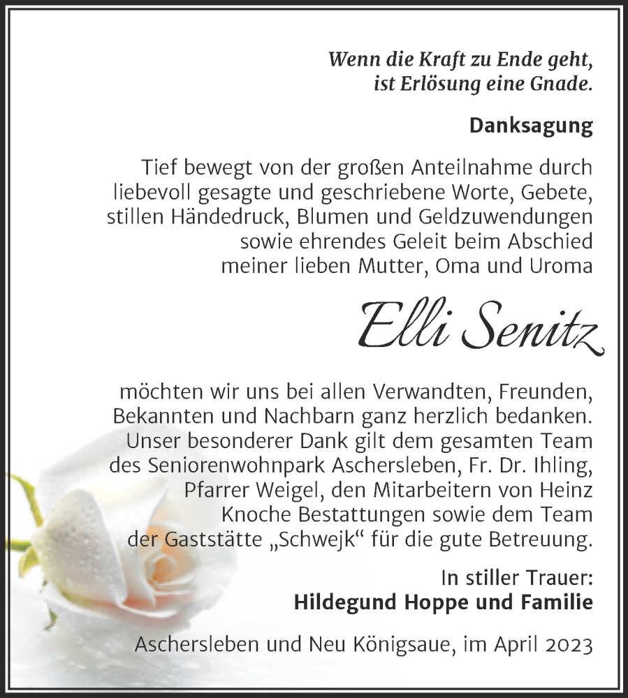  Traueranzeige für Elli Senitz vom 15.04.2023 aus Trauerkombi Aschersleben