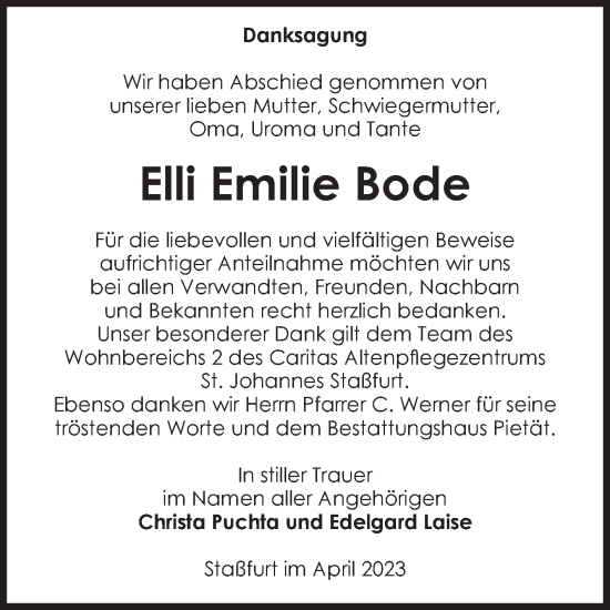 Traueranzeige von Elli Emilie Bode von Volksstimme Staßfurt