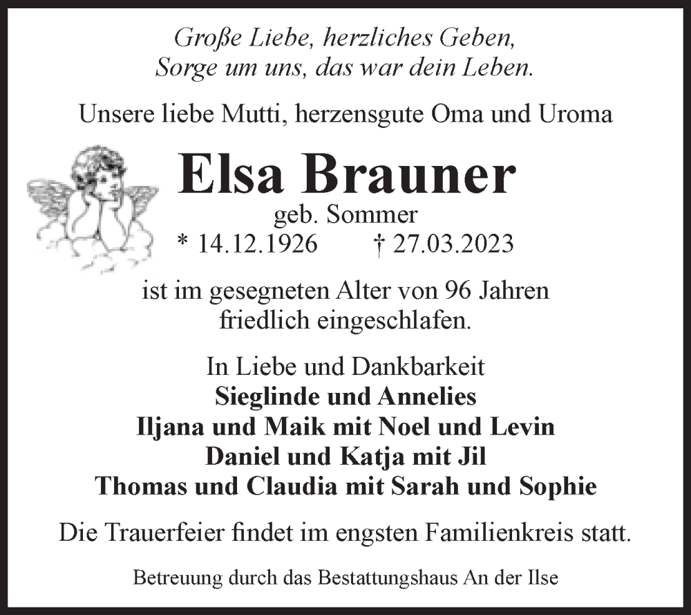  Traueranzeige für Elsa Brauner vom 15.04.2023 aus Volksstimme Wernigerode