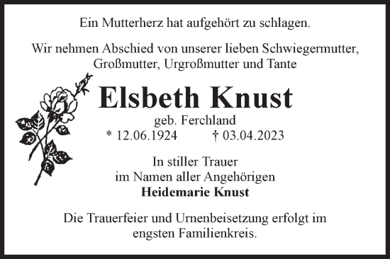 Traueranzeige von Elsbeth Knust von Volksstimme Burg/Genthin