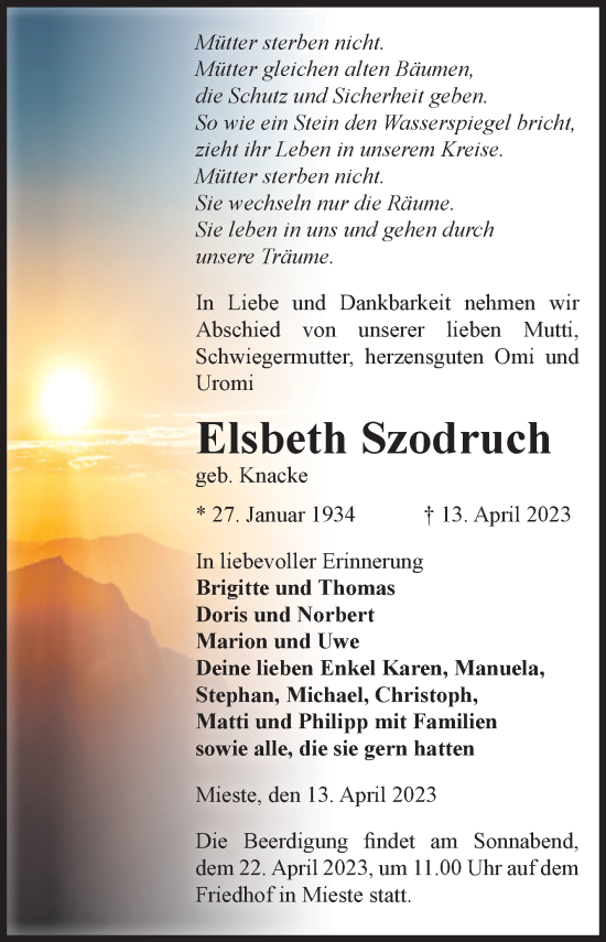 Traueranzeige von Elsbeth Szodruch von Volksstimme Altmark West