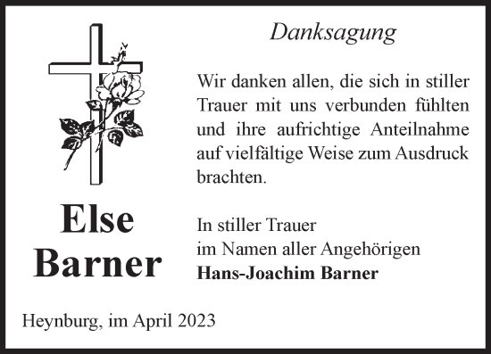 Traueranzeige von Else Barner von Volksstimme Oschersleben/Wanzleben