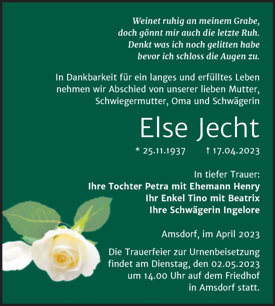 Traueranzeige von Else Jecht von Trauerkombi Mansfelder Land