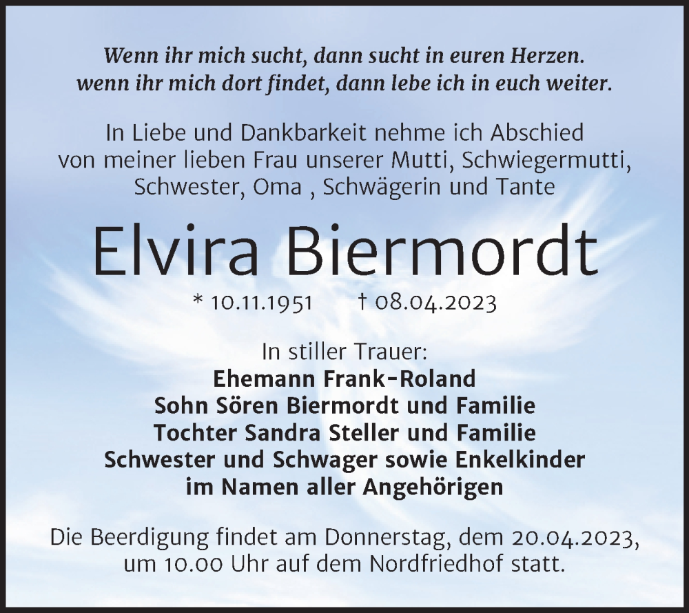  Traueranzeige für Elvira Biermordt vom 15.04.2023 aus Mitteldeutsche Zeitung